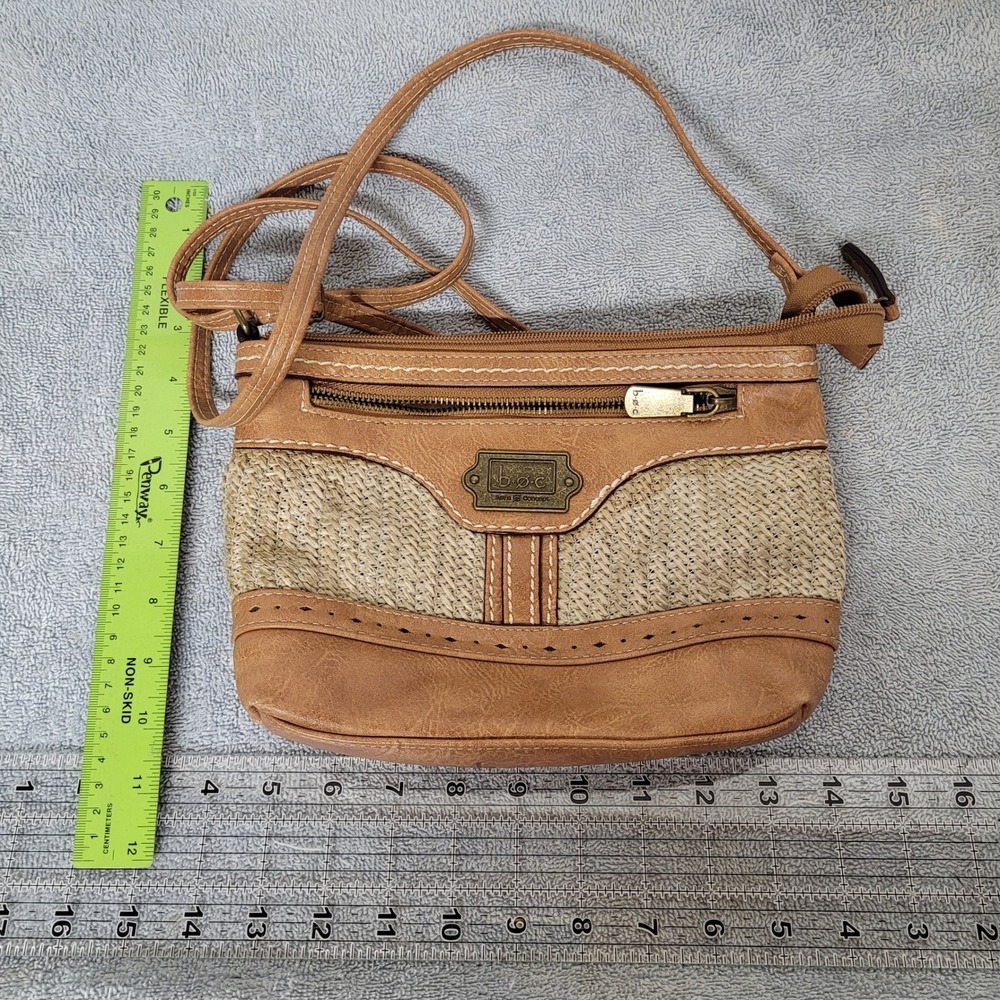BOC Born Concept Tan Faux Leather Woven Straw Crossbody Bag Small Boho Purse